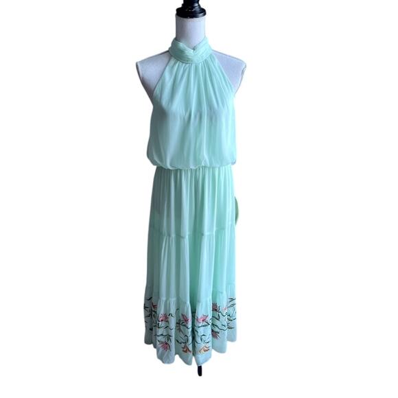 NWT Adriana Papell aqua bohemian tiered chiffon halter maxi dress size 12 - Picture 1 of 8